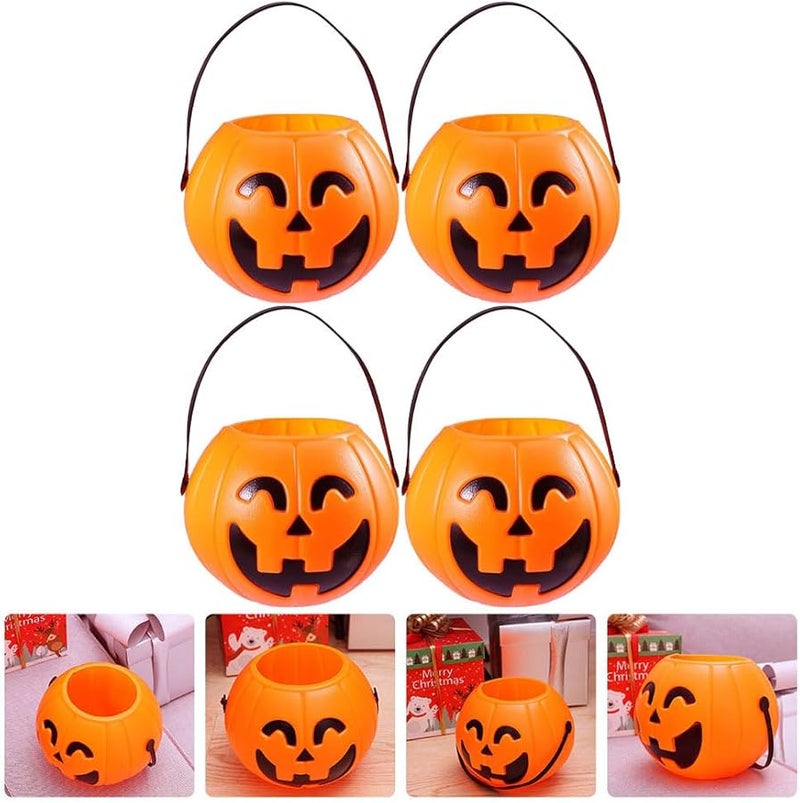 Halloween Pumpkin Bucket Set Of 4 Orange Trick Or Treat Candy Holders With Handle 17cm - Image 5